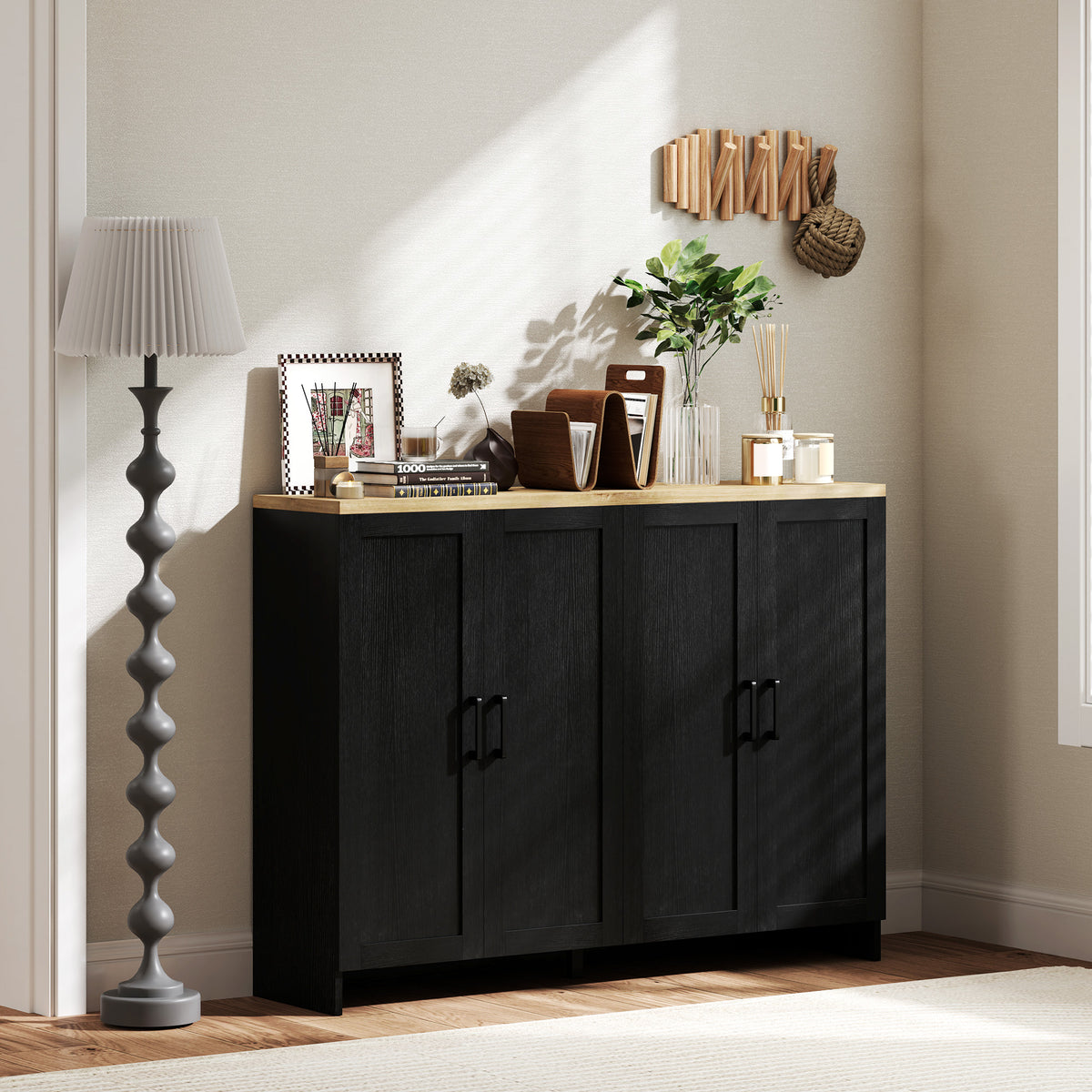 Modern Kitchen Storage Cabinet with 4 Doors Adjustable Shelves – 47"W x 35"H