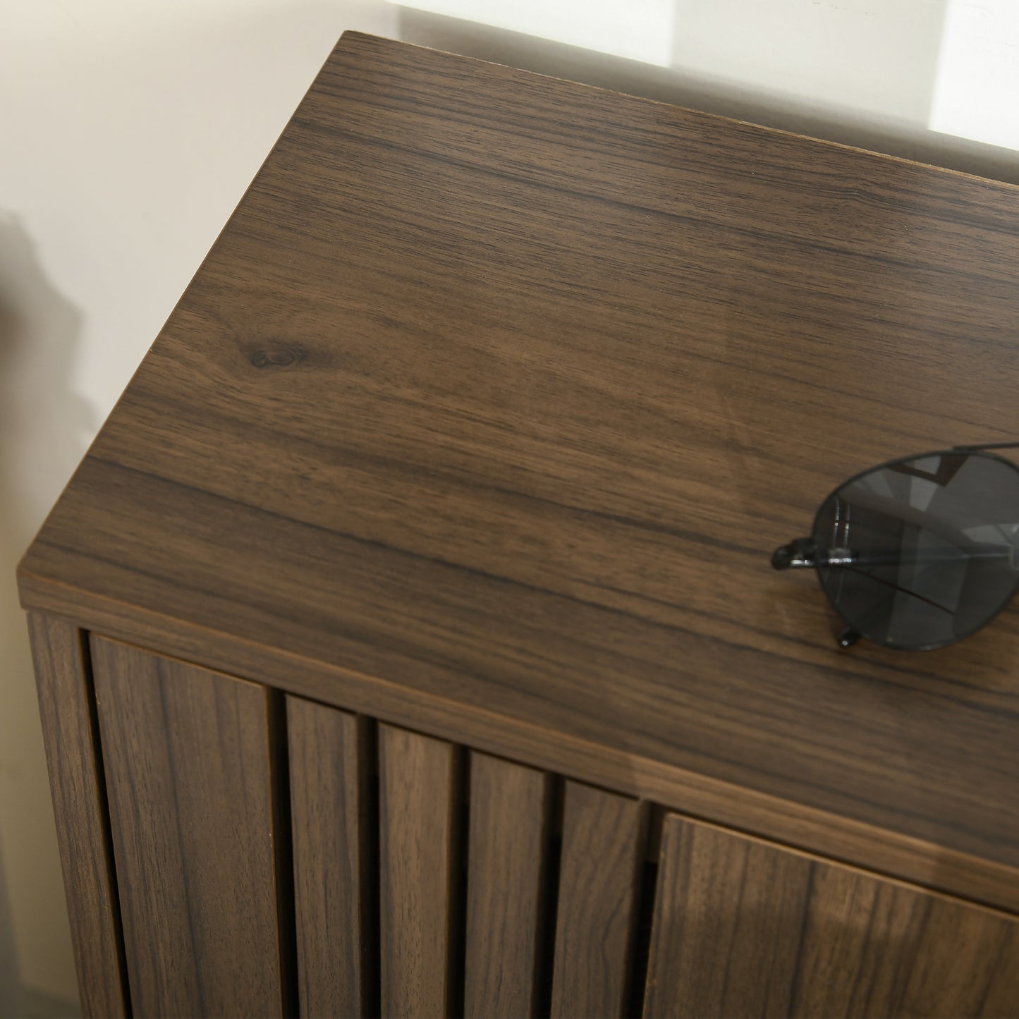 HOMCOM Modern Walnut Shoe Storage Cabinet, 2 Flip Drawers, Adjustable Shelves