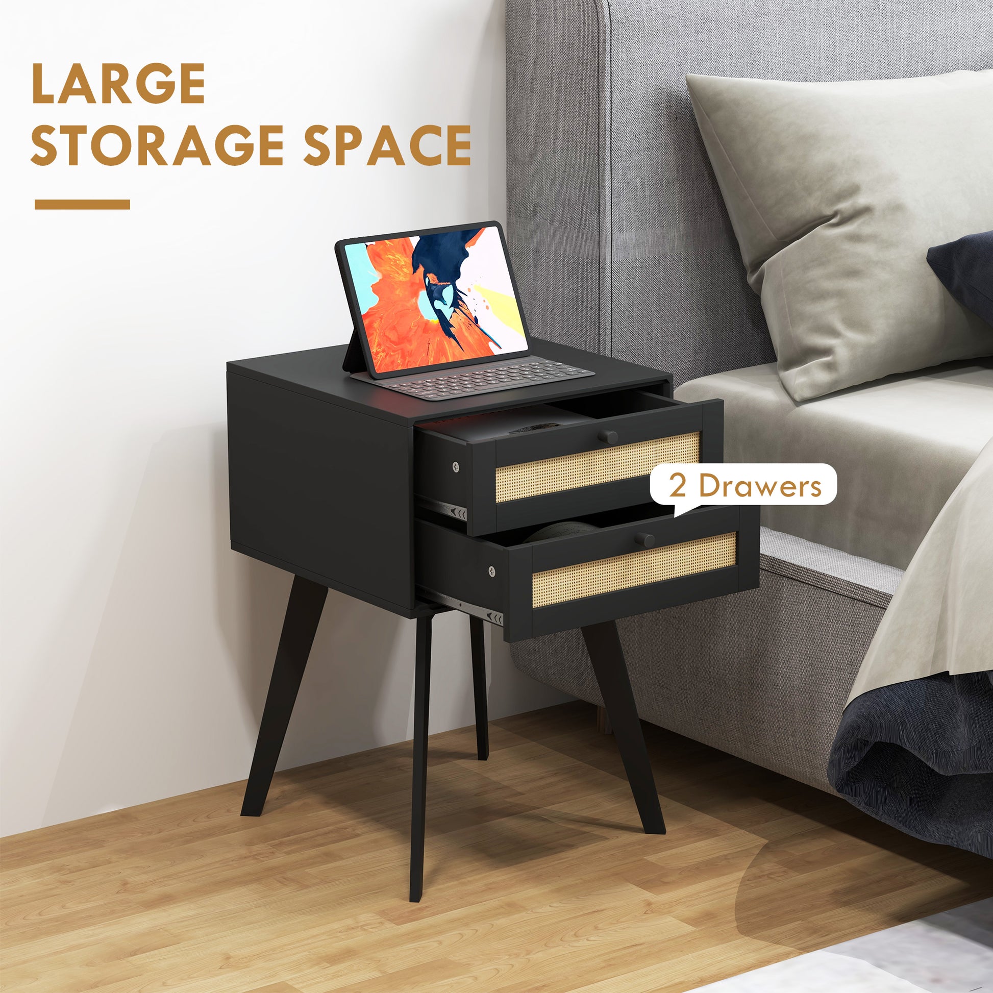 HOMCOM Boho Nightstands Set of 2 with Rattan Drawers, Square Bedside Tables