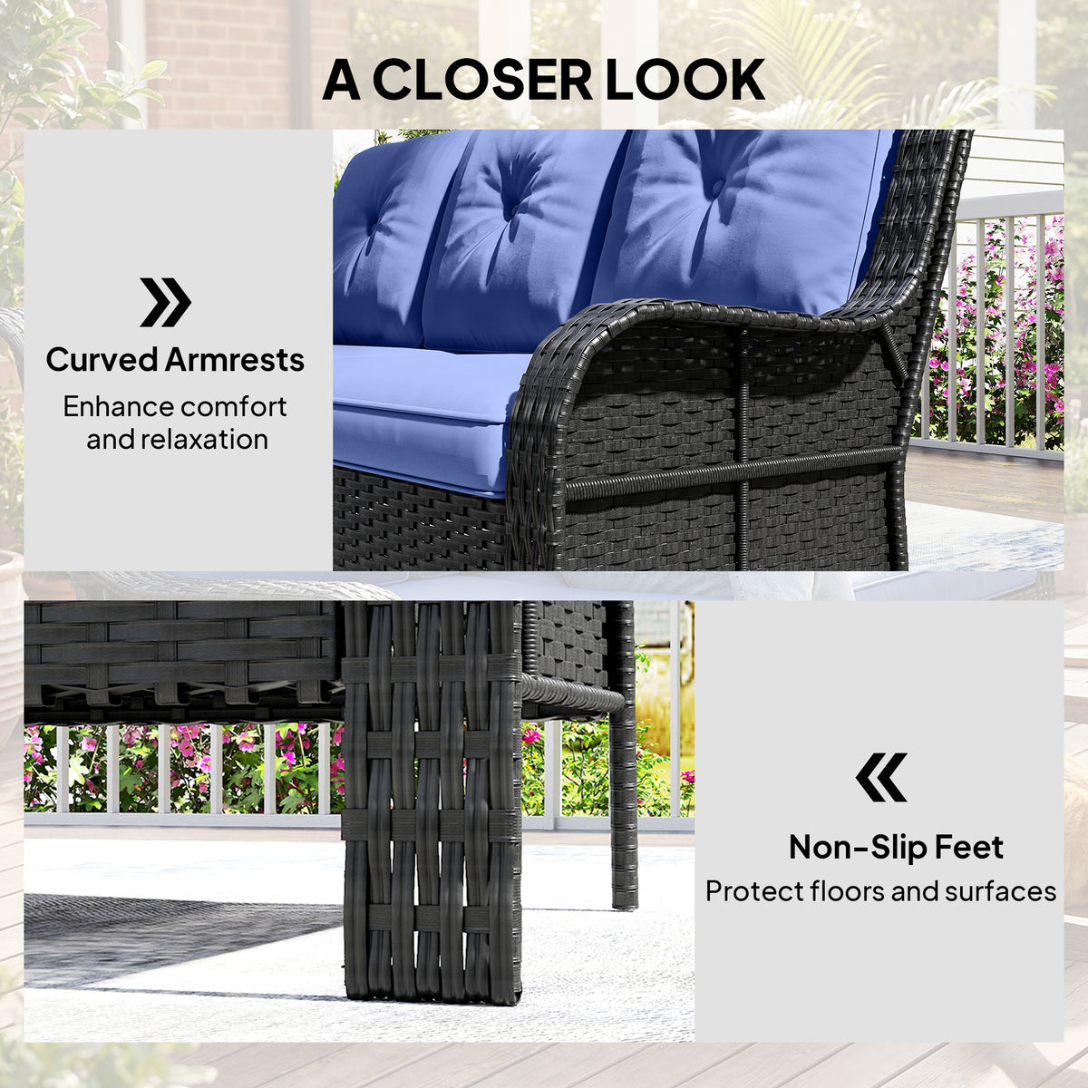 Wicker Patio Sofa with Cushions, 3 Seater Rattan Outdoor Couch for Patio, Garden, Porch, Backyard, Deep