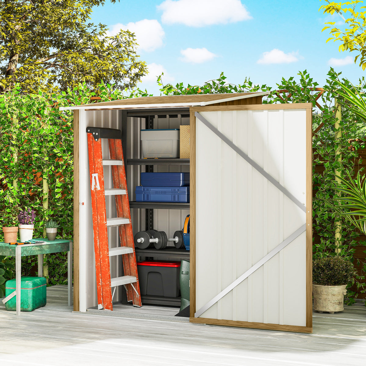 3.3' x 3.4' Lean-to Outdoor Garden Storage Shed, Galvanized Steel with Lockable Door for Patio – Brown