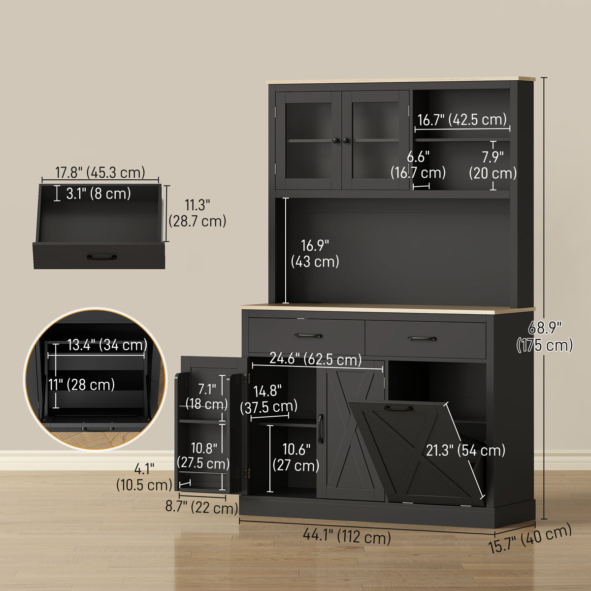 Kitchen Pantry with Charging Station, Microwave Stand and Trash Can Cabinet – 44"W x 69"H