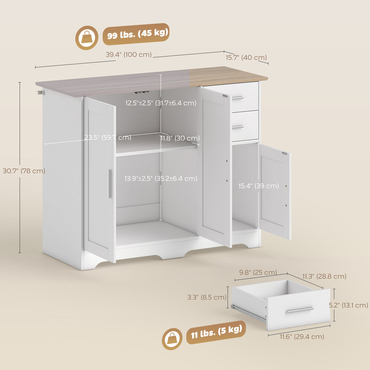 Modern Kitchen Storage Cabinet with 2 Drawers – 39"W x 31"H