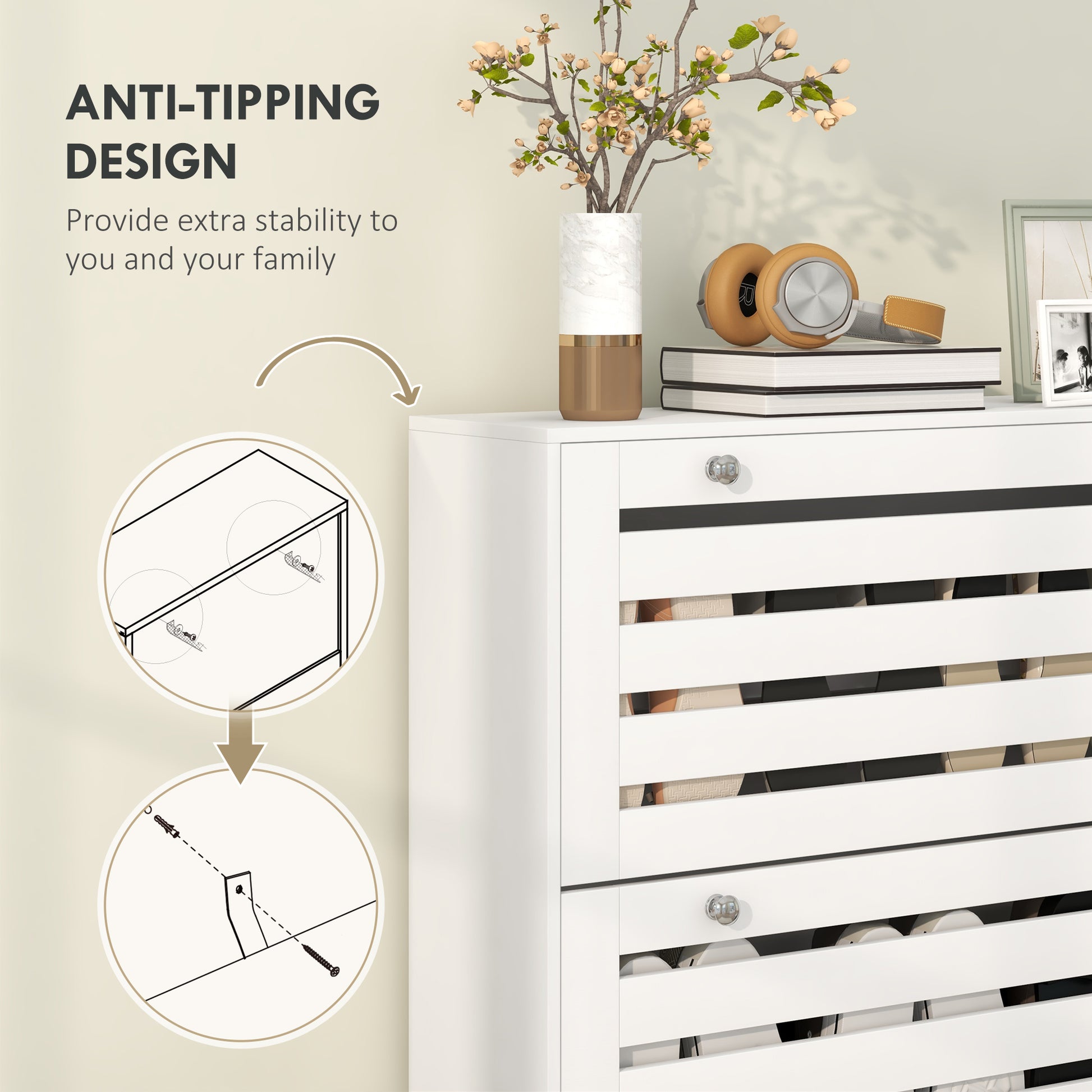 Modern Narrow White Shoe Storage Cabinet with 3 Flip Drawers, Adjustable Shelves