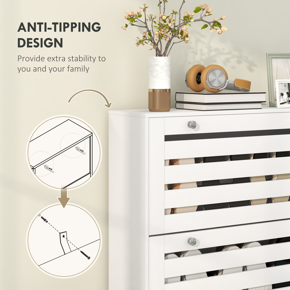 Narrow Shoe Cabinet with 3 Flip Drawers – 31"W x 48"H