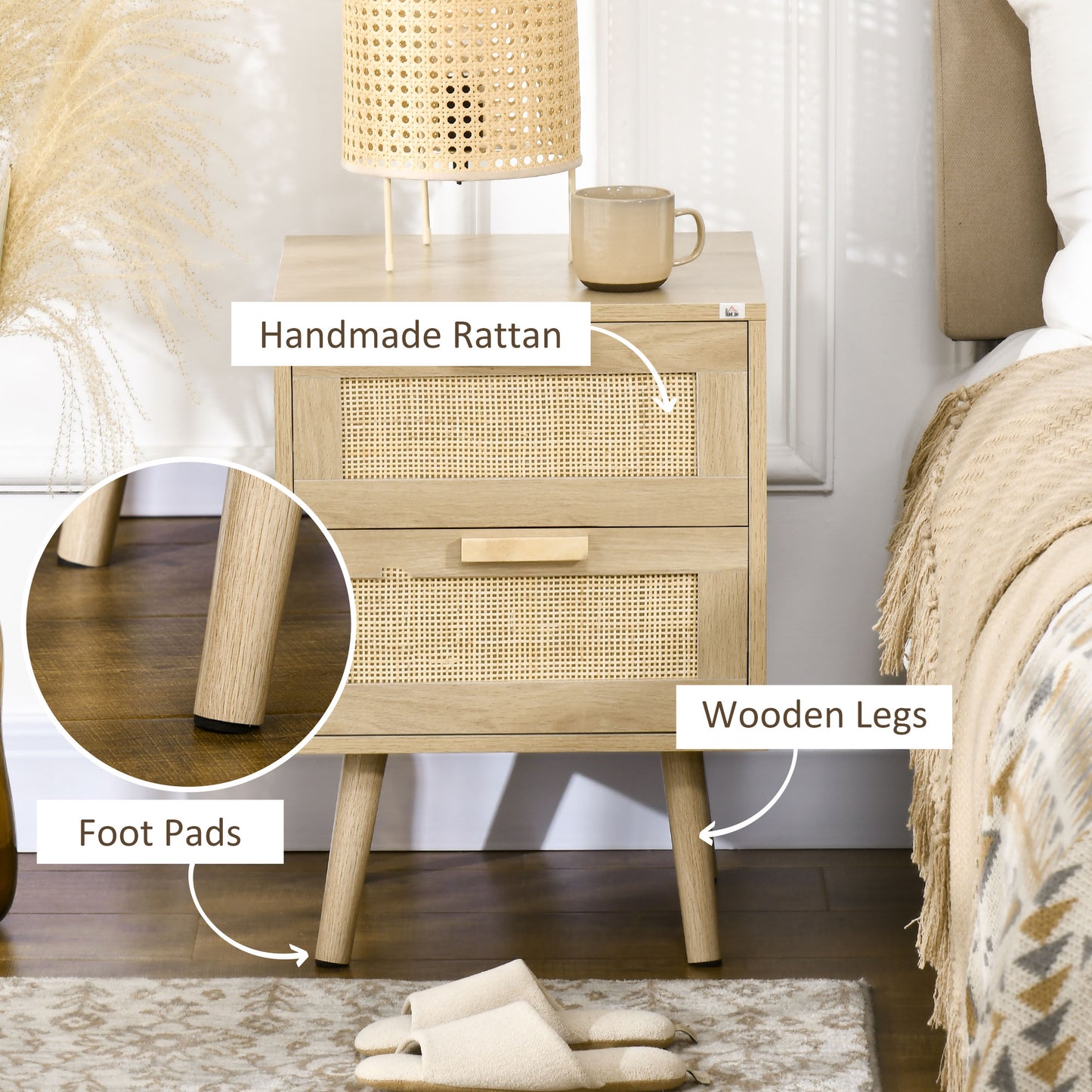 HOMCOM Boho Chic Nightstand Set of 2 with 2 Drawers, Living Bedroom Side Tables