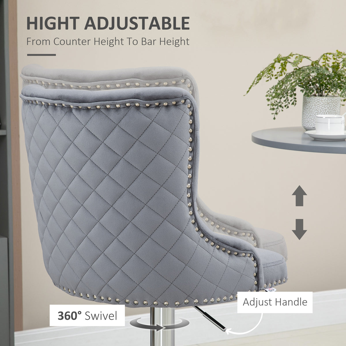 Button-Tufted Velvet Wingback Swivel Bar Stools with Nailhead Trim, Set of 2, Grey