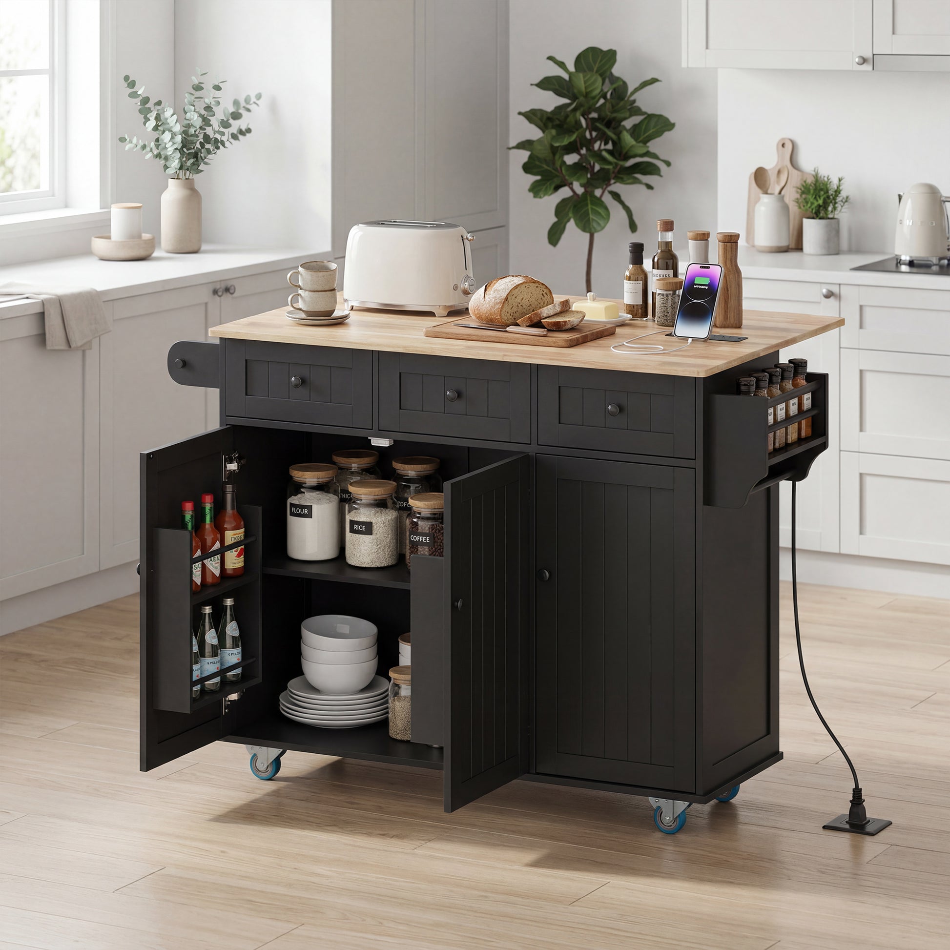 HOMCOM Kitchen Island with Drop Leaf, Charging Station, Black