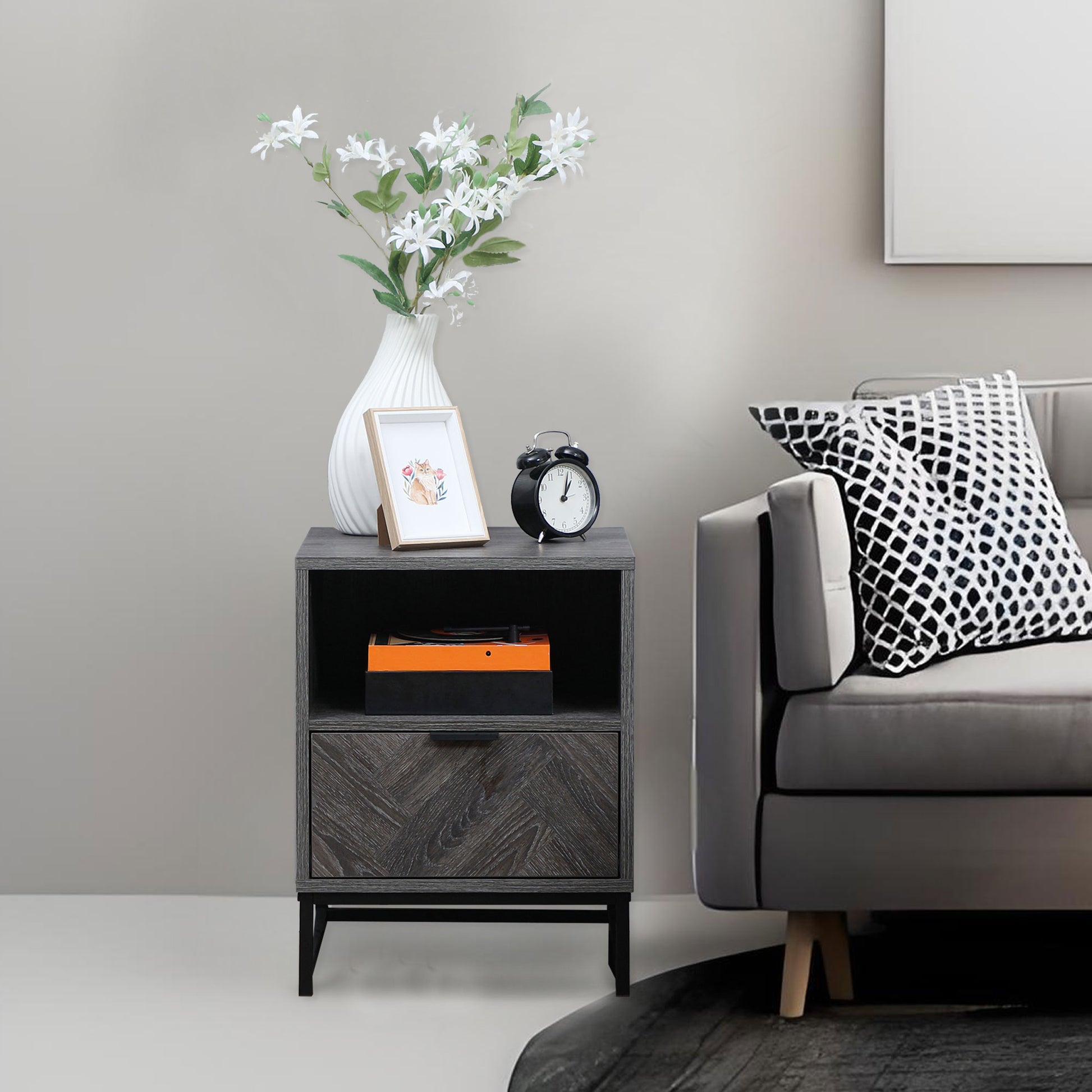 HOMCOM Modern Dark Grey Bedside Table with Drawer and Open Shelf Storage