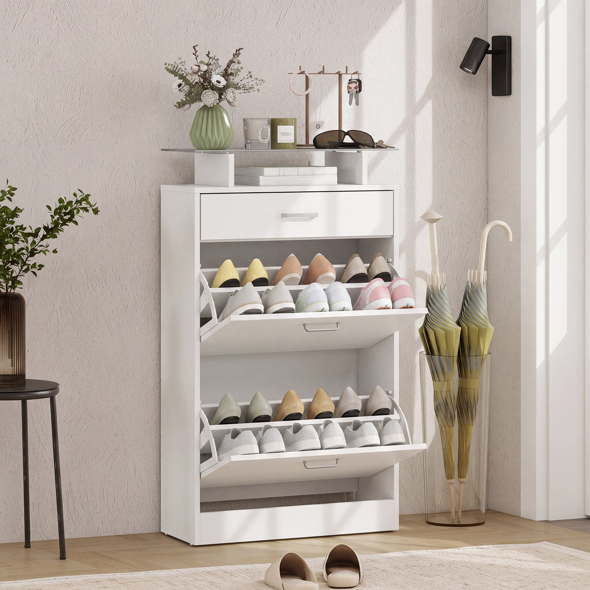 Slim Shoe Organizer Cabinet with 2 Flip Drawers – 24"W x 42"H