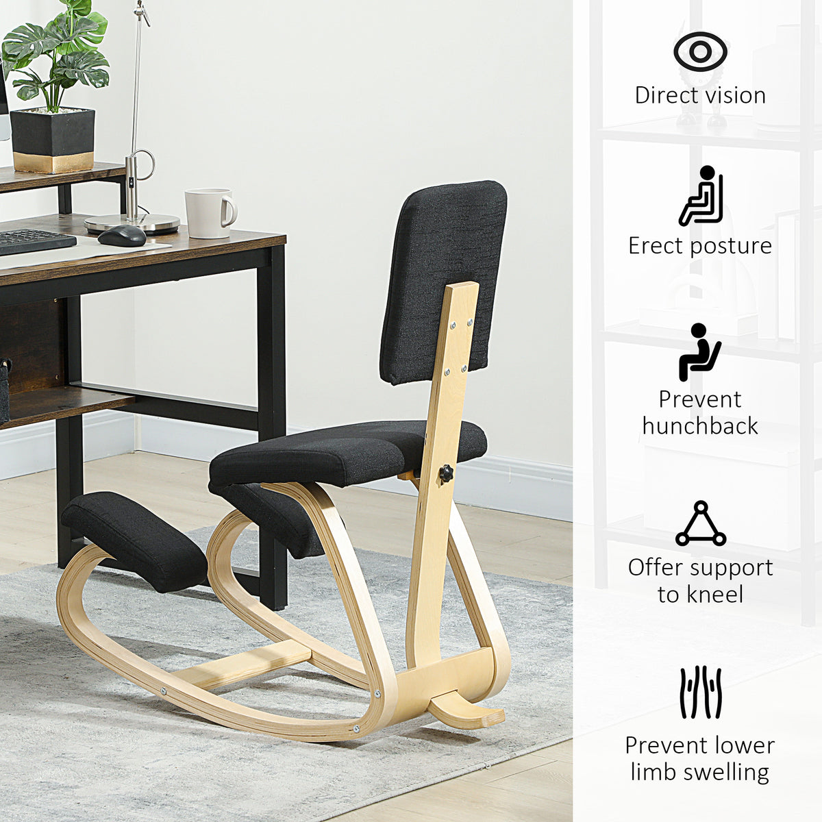 Ergonomic Kneeling Chair, Rocking Wood Kneel Stool with Backrest for Improved Posture, Black