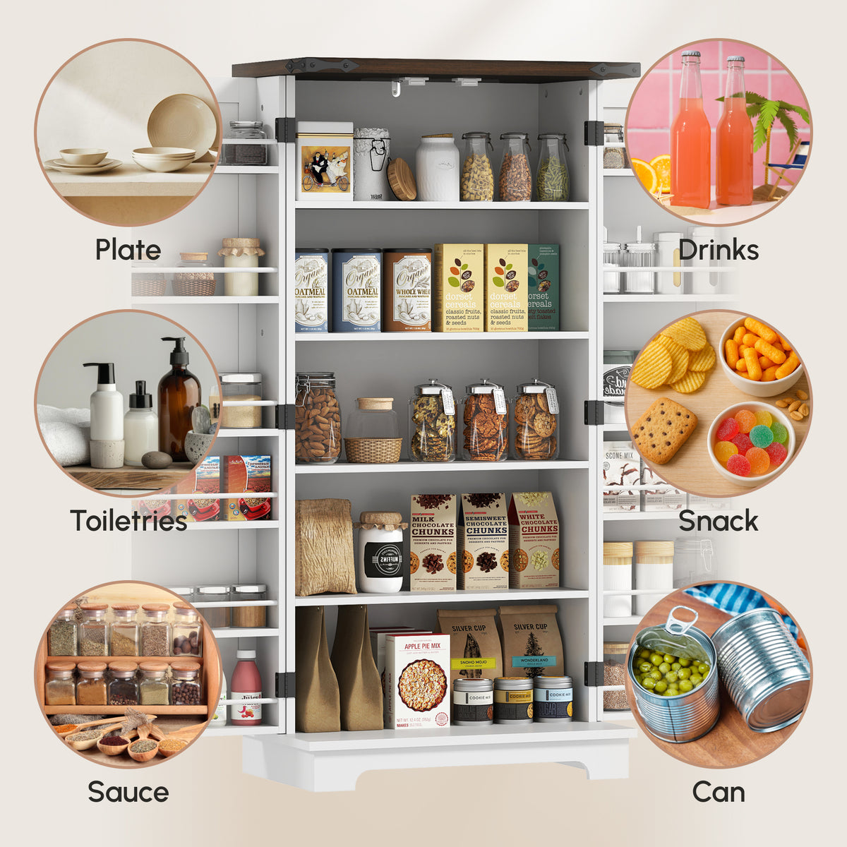 Farmhouse Kitchen Pantry Cabinet with Adjustable Shelves and Door Shelves – 24"W x 47"H