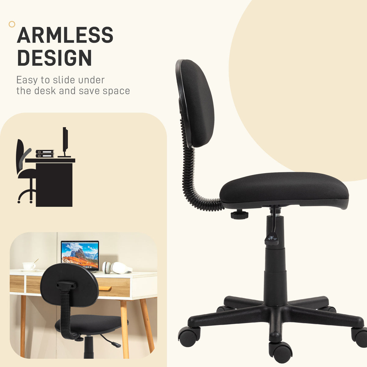 Small Desk Chair, Armless Office Chair with Adjustable Height, 360° Swivel Wheels, Black