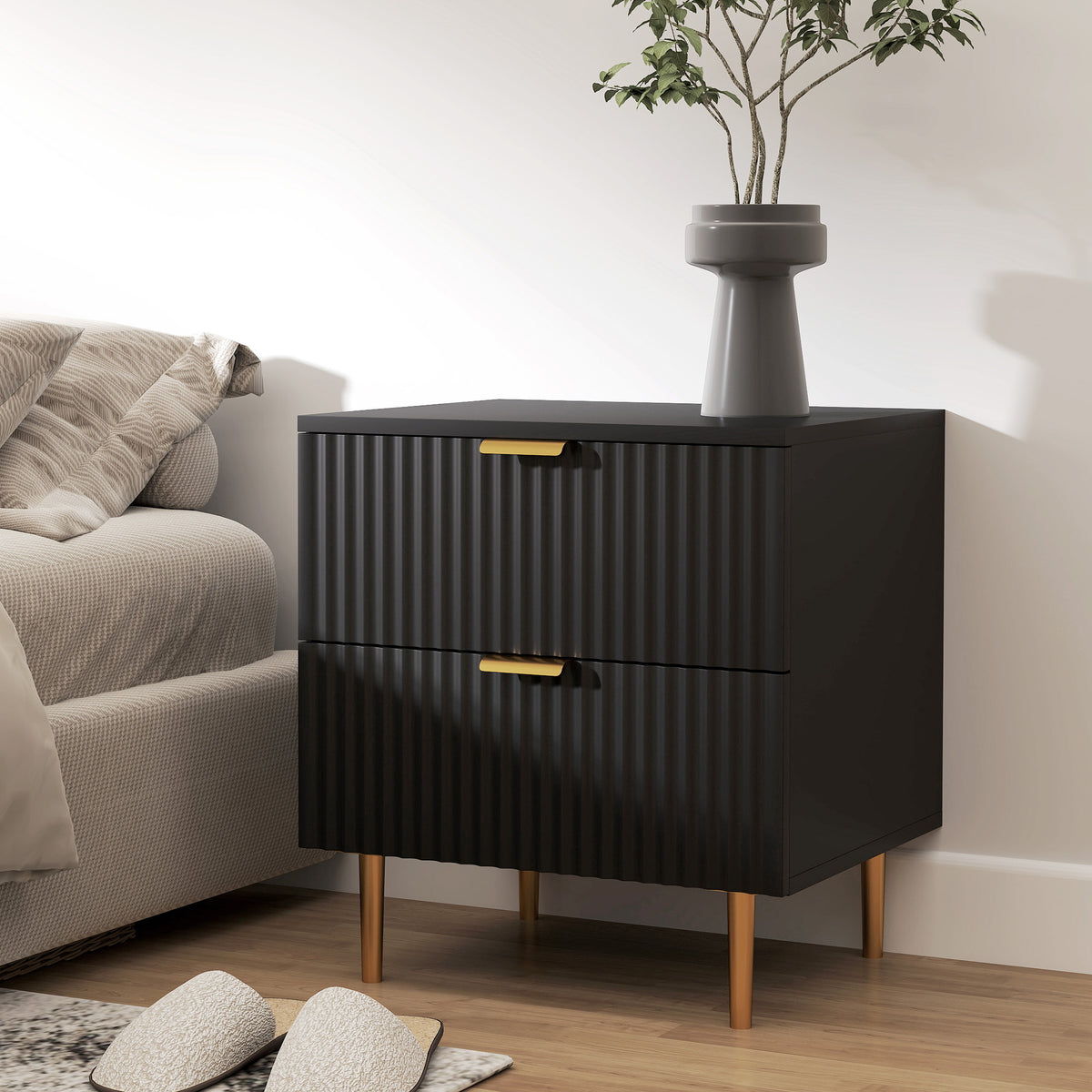 Modern 2-Drawer Nightstand with Metal Legs – 19"W x 22"H