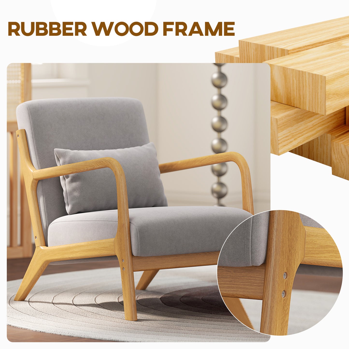 HOMCOM Grey Velvet Fabric Retro Accent Lounge Chair with Wood Legs