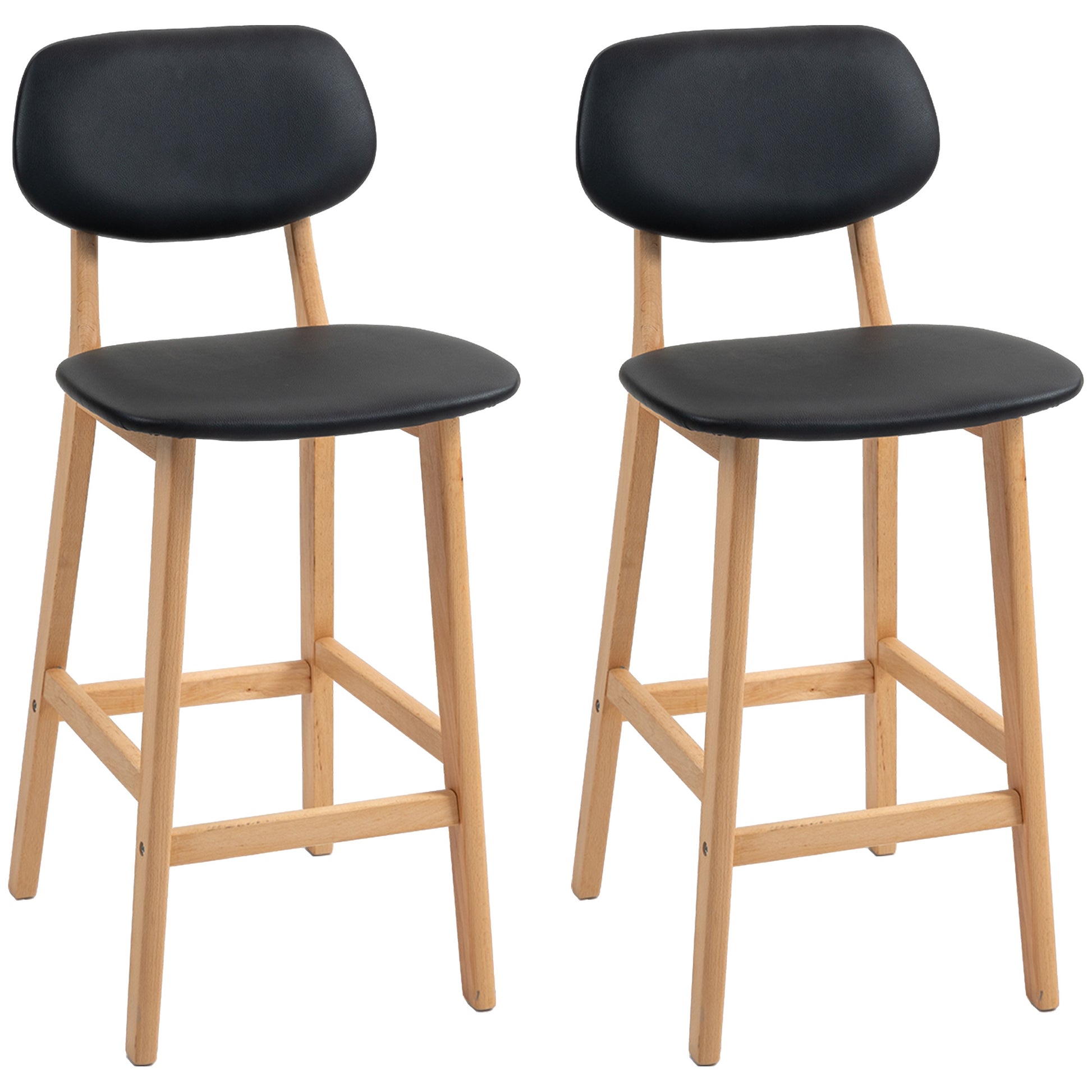 HOMCOM Set of 2 Black PU Leather Counter Height Bar Stools Solid Wood