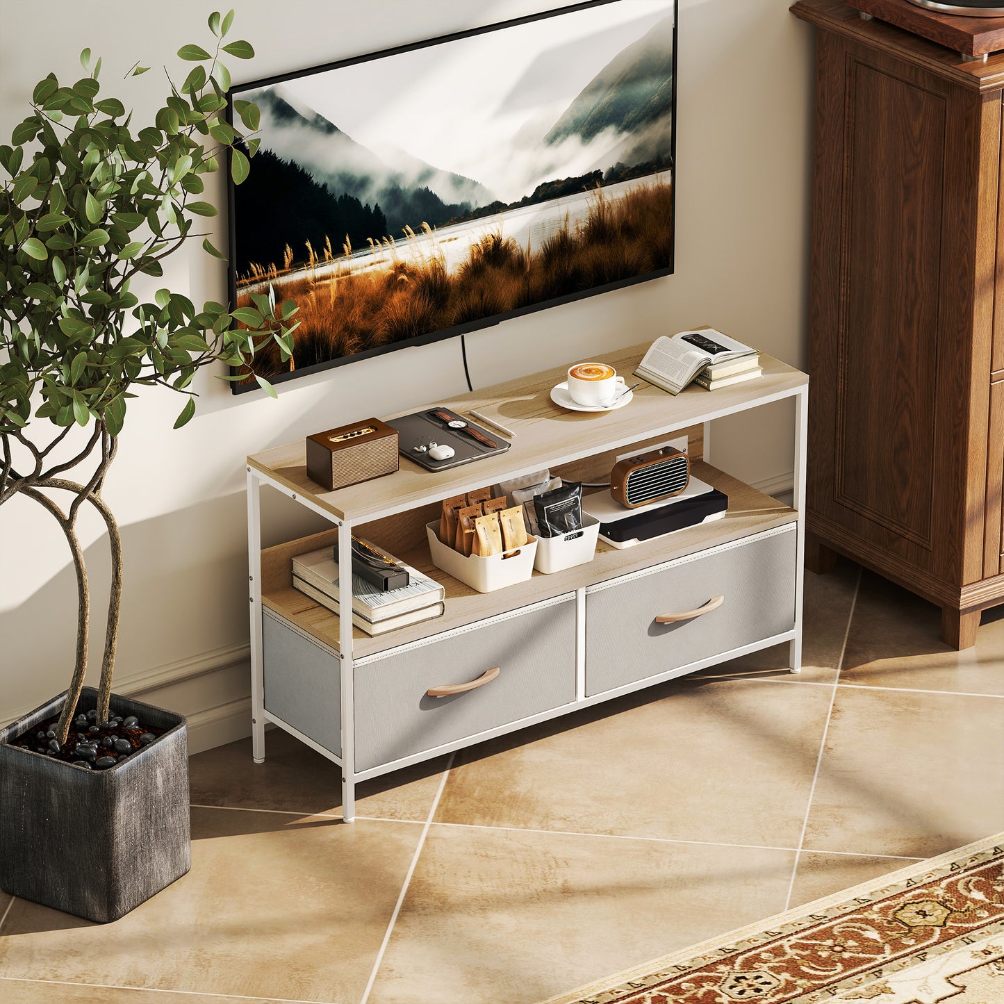 HOMCOM Modern Oak TV Stand, Charging Station, Foldable Drawers, 47-Inch TV