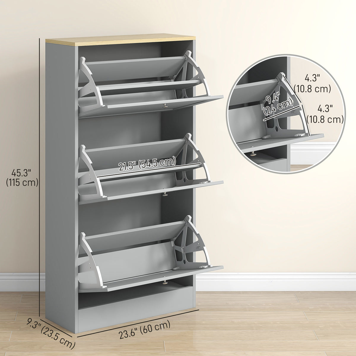 Modern Shoe Storage with 3 Flip Drawers and Adjustable Shelves – 24"W x 45"H