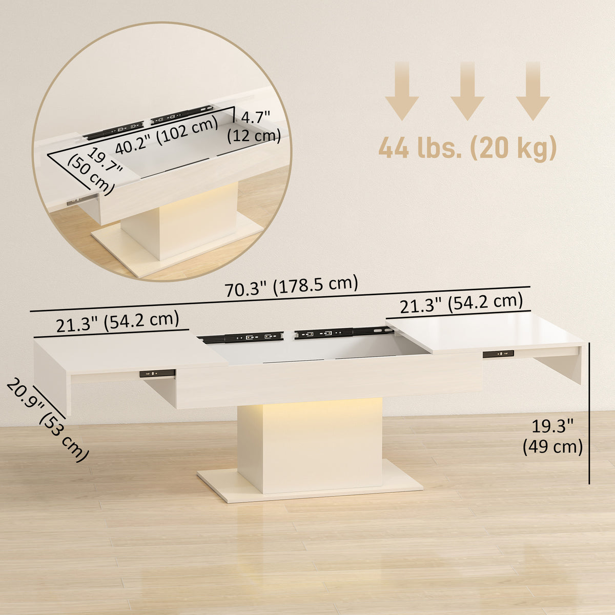 Extendable LED Coffee Table with Hidden Storage, High Gloss White