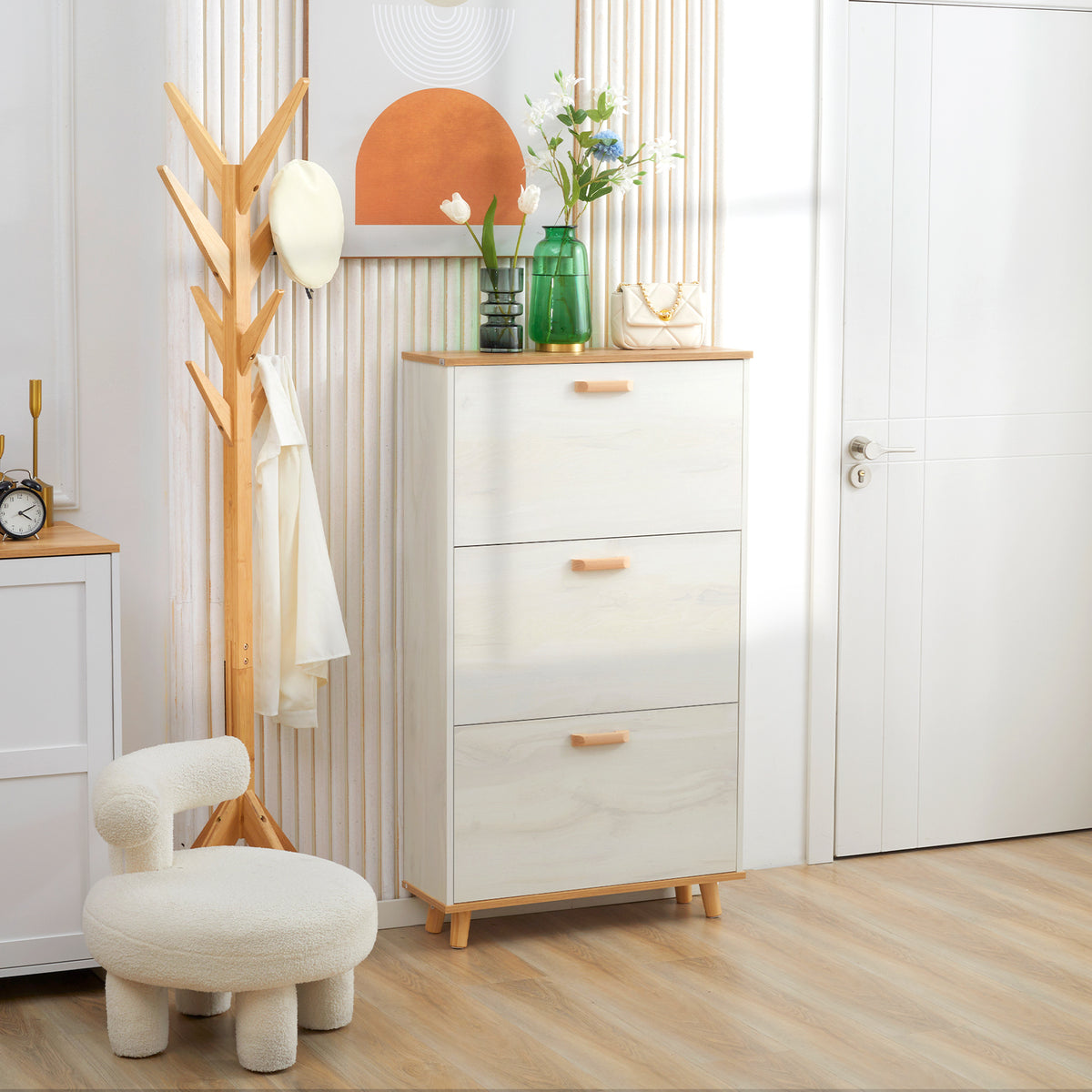 Modern Shoe Cabinet with 3 Flip Drawers and Adjustable Shelf – 28"W x 48"H