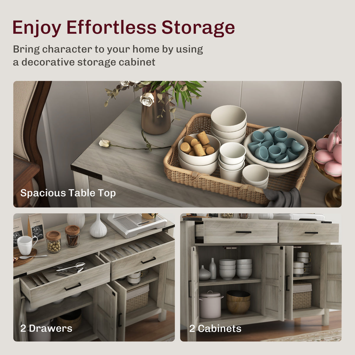 Farmhouse Kitchen Storage Cabinet with 2 Drawers and Shelves – 47"W x 33"H