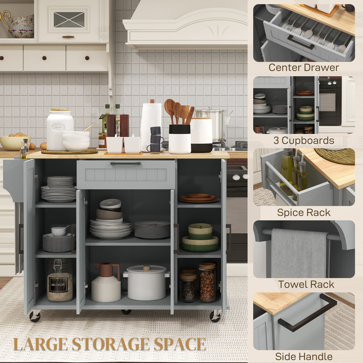 Modern Rolling Kitchen Island Cart with Drawers – 52"W x 36"H