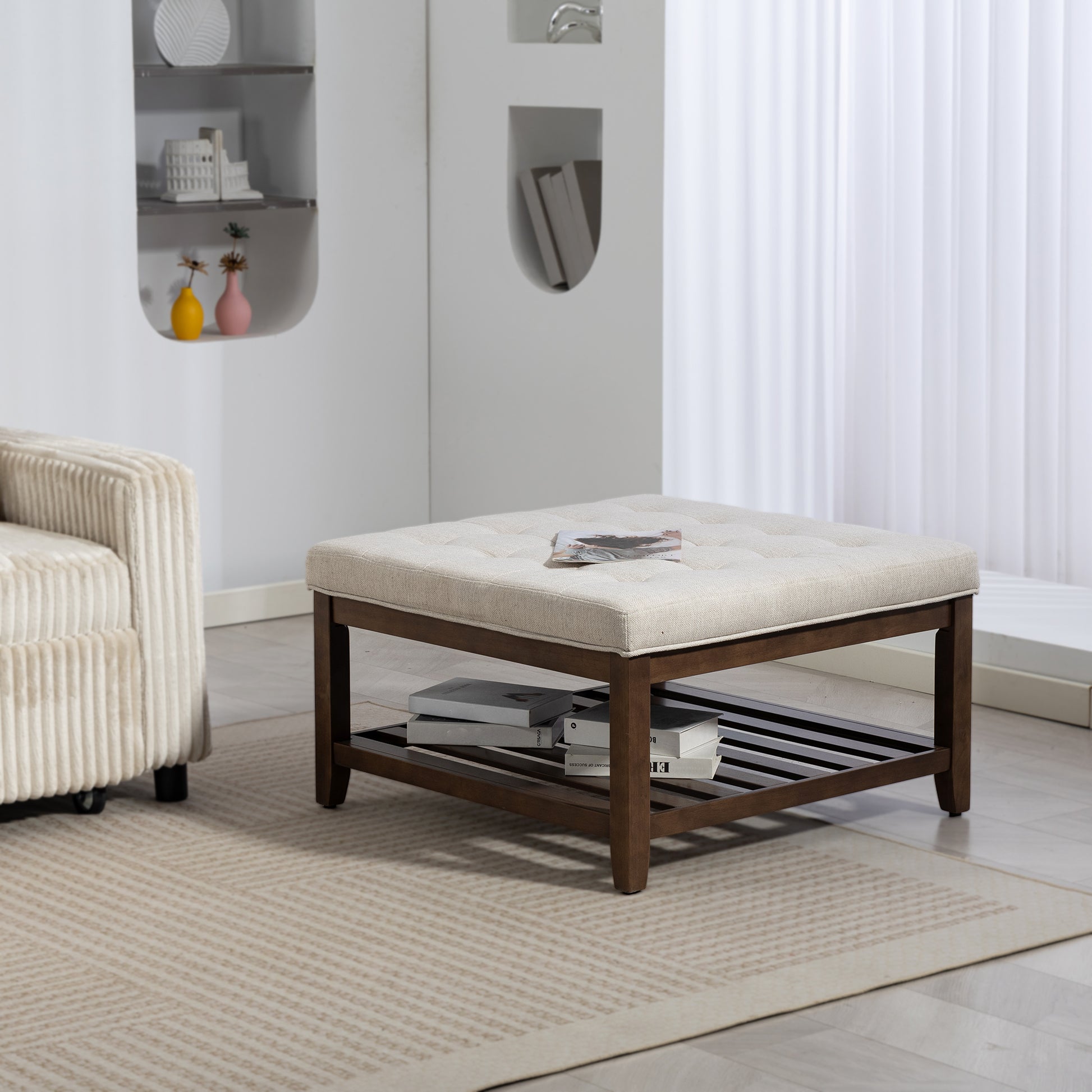 HOMCOM Square Ottoman Coffee Table with Storage, Beige Linen Tufted