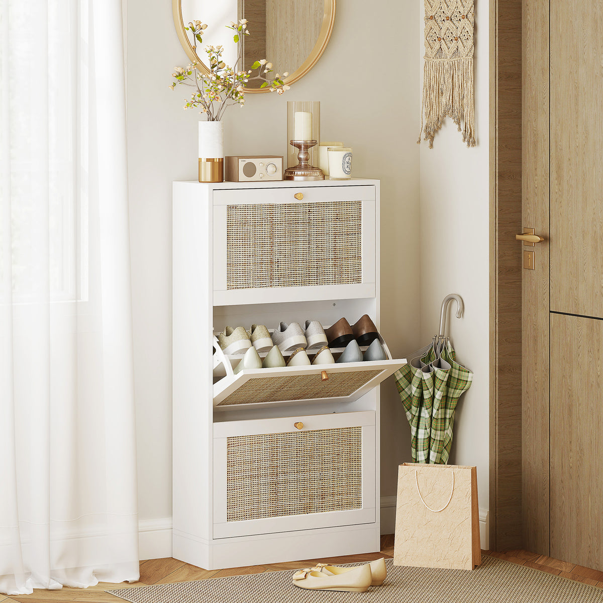 Rattan Shoe Storage Cabinet with 3 Flip Drawers – 24"W x 45"H