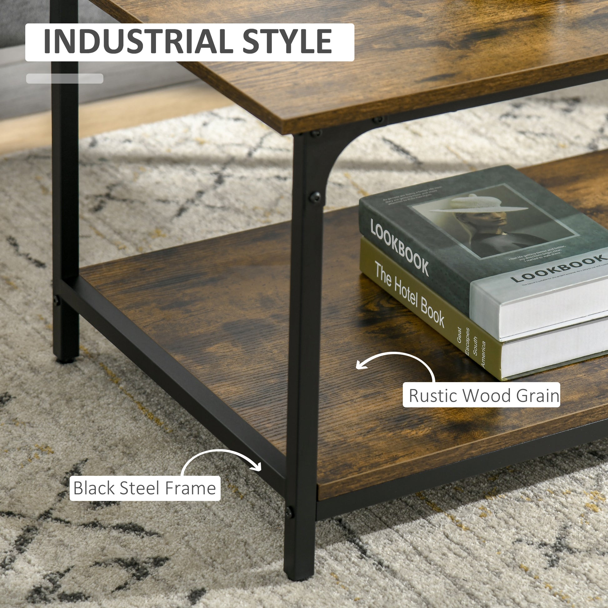 HOMCOM Rustic Industrial 2-Tier Coffee Table Storage Shelf Steel Frame
