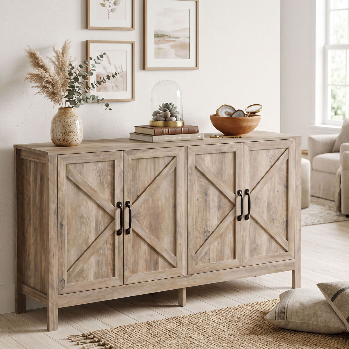 60" Sideboard Buffet with Barn Doors, Light Grey