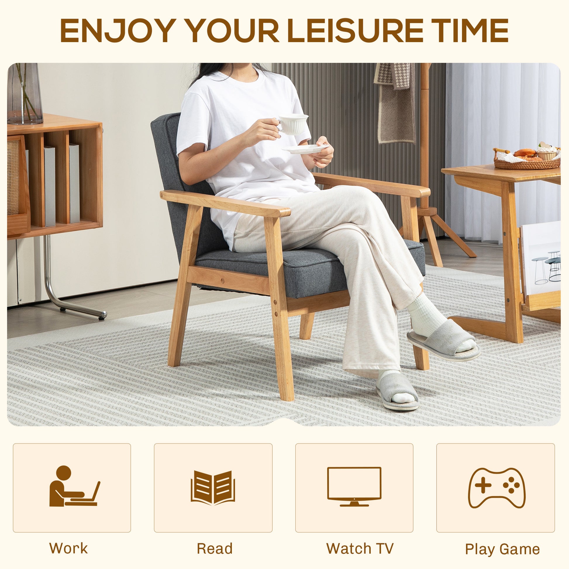 Modern Grey Linen Fabric Button Tufted Accent Chair Solid Wood Frame