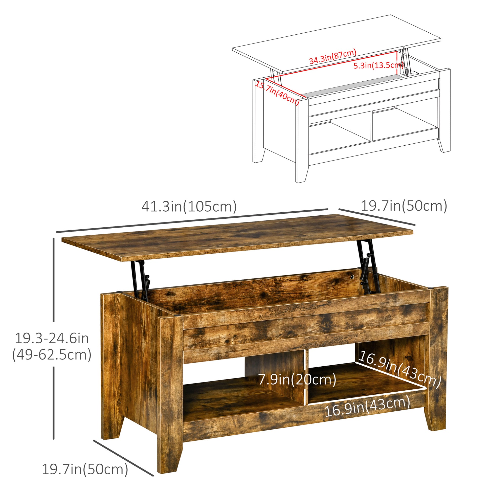 Modern Lift-Top Coffee Table with Hidden Storage & Open Shelves, Rustic Brown