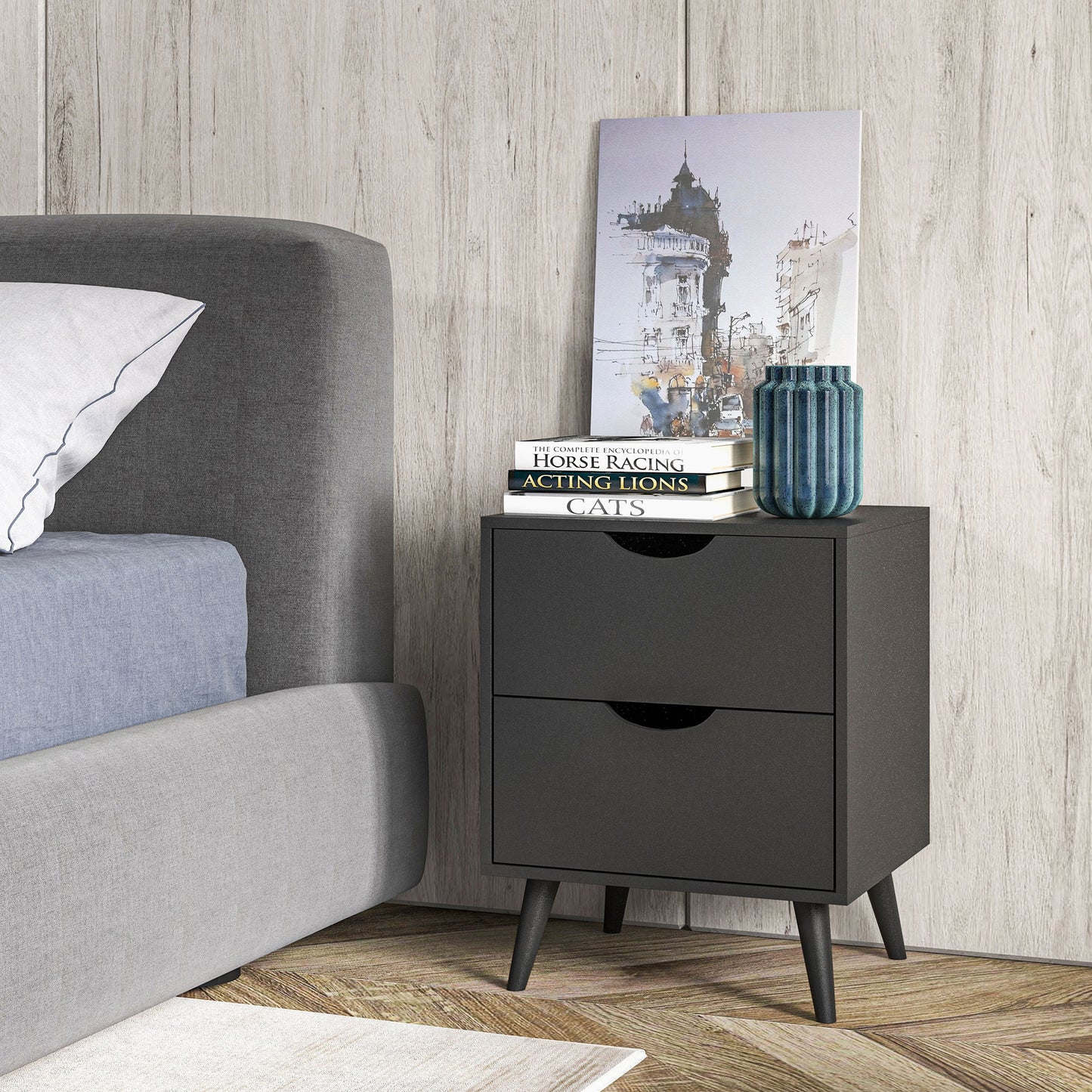 HOMCOM Modern Black Nightstand with Two Drawers, Solid Pine Wood Legs