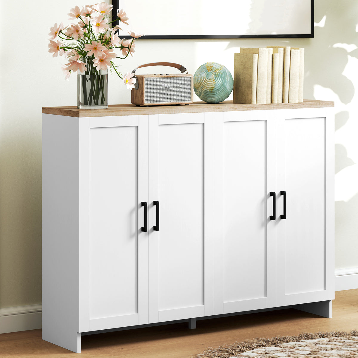 Modern Kitchen Storage Cabinet with 4 Doors Adjustable Shelves – 47"W x 35"H