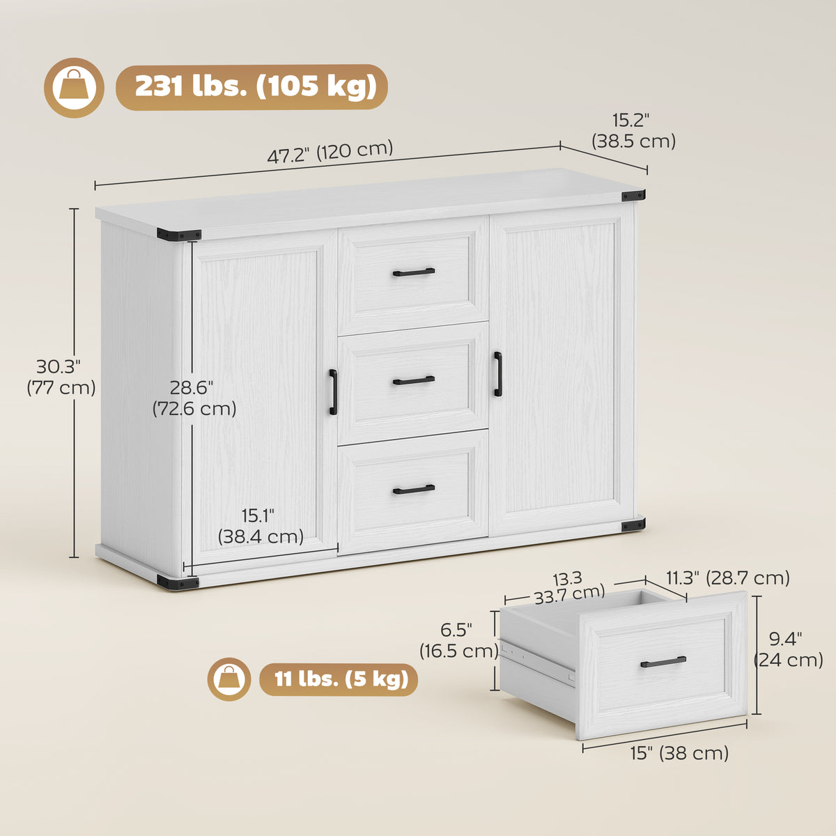 Sideboard with 3 Drawers and 2 Doors – 47"W x 30"H