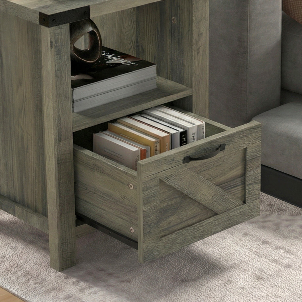 Farmhouse Nightstand with Drawer and Barn-Style Panel – 18"W x 24"H