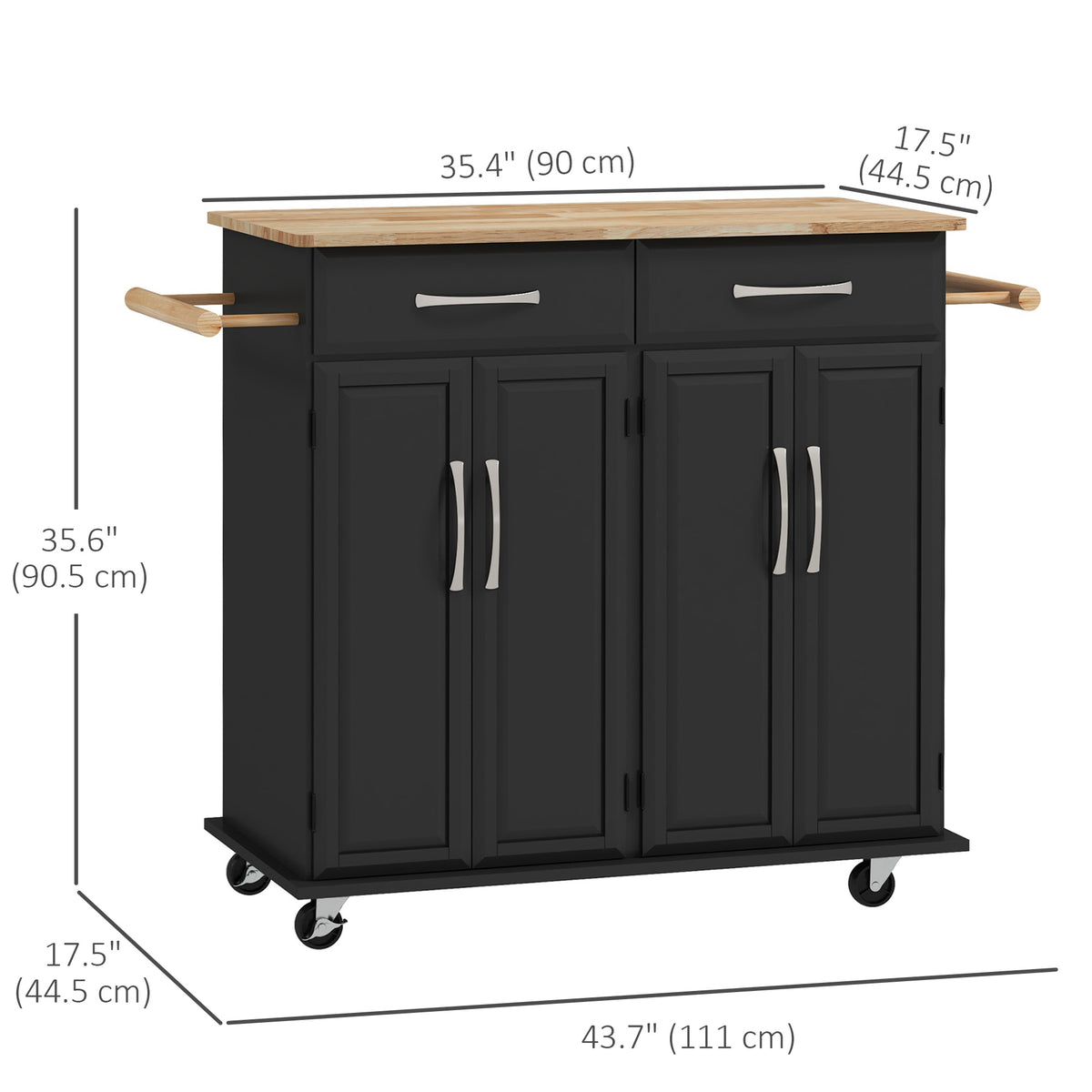 Kitchen Island on Wheels with Rubberwood Top – 44"W x 36"H