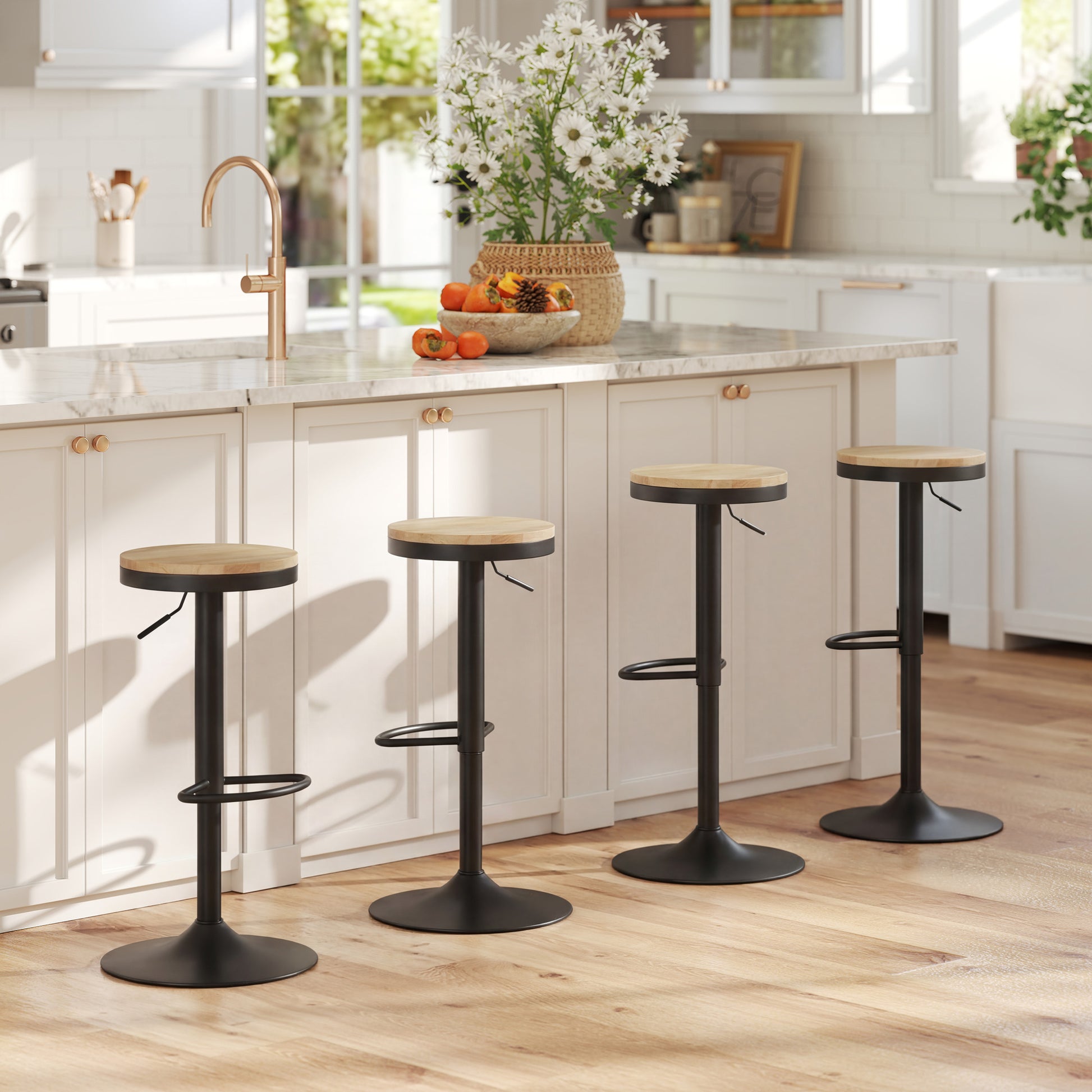 HOMCOM Barstools Set 2 Swivel Adjustable Height Natural Wood Black
