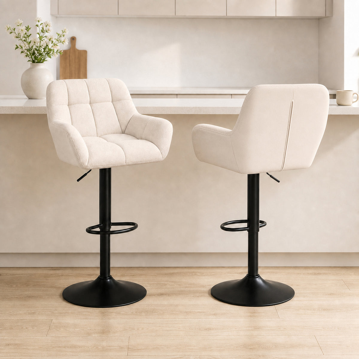 Tufted Swivel Bar Stools with Armrests and Chrome Base, Set of 2, Cream White