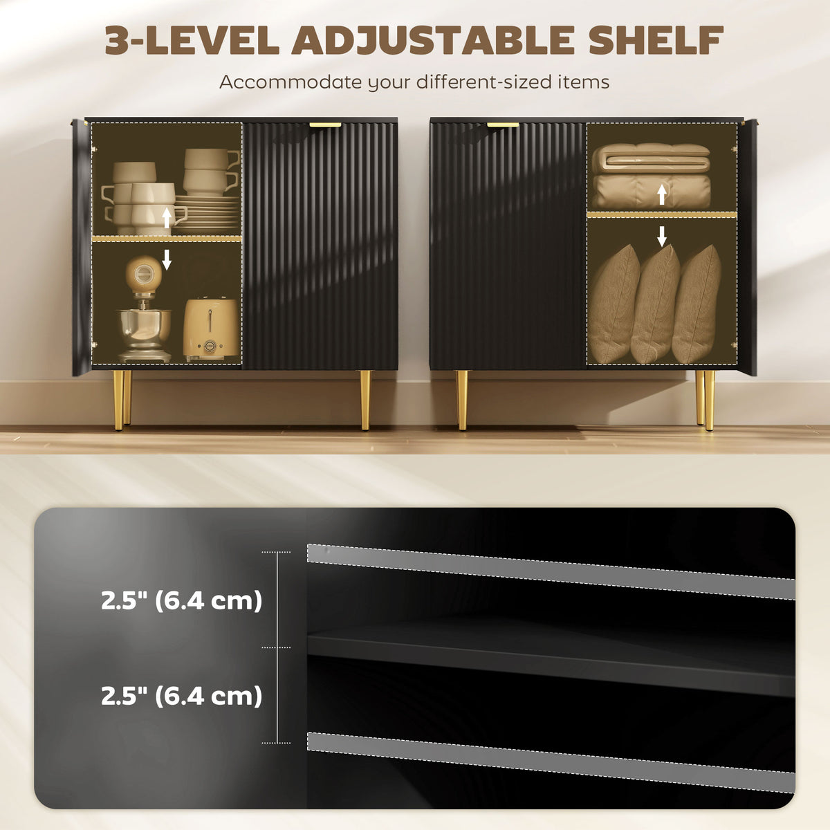 Sideboard Buffet Cabinet with Adjustable Shelves and Metal Legs – 32"W x 32"H