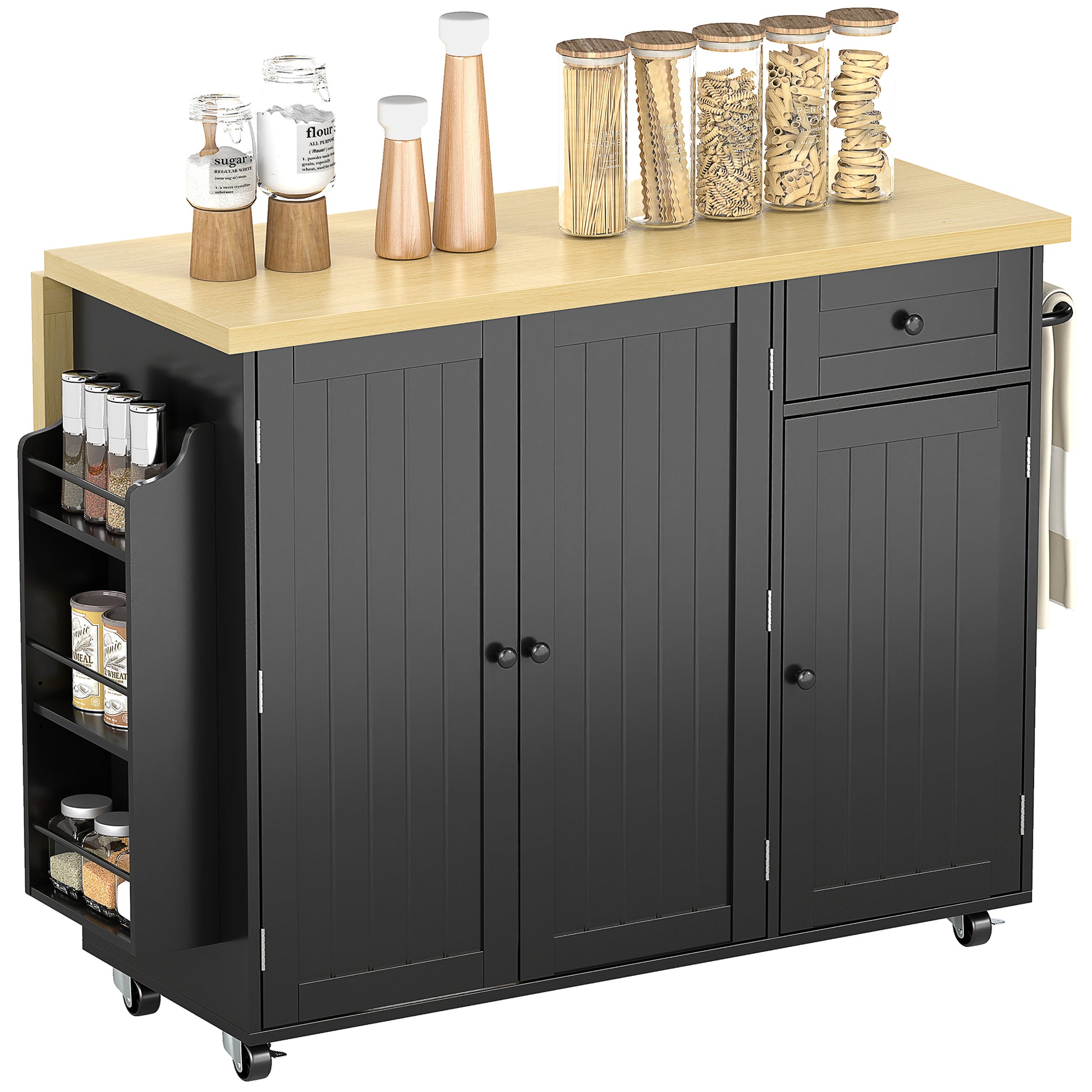 HOMCOM Kitchen Island Cart Drop Leaf Drawer Spice Rack Black
