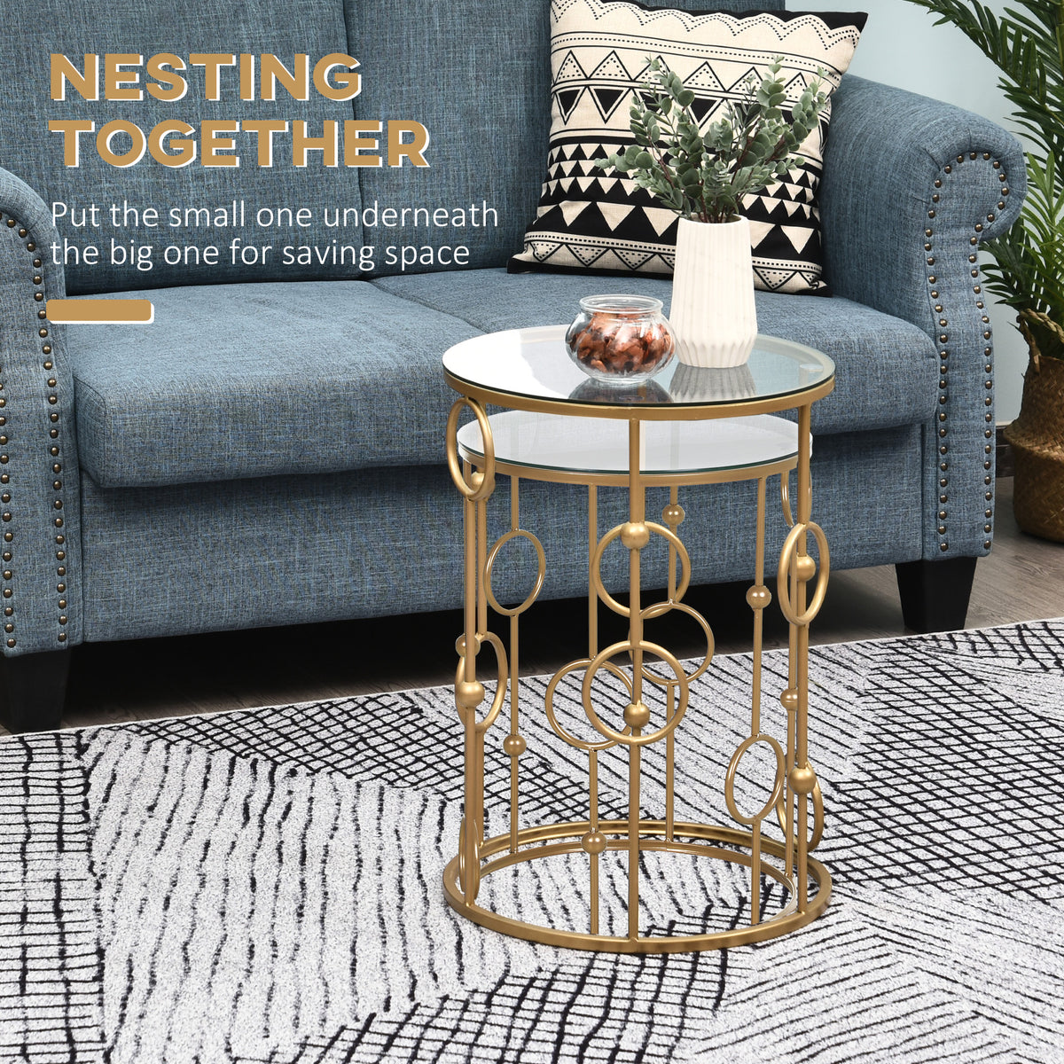 Gold Round Nesting Coffee Tables, Set of 2, Tempered Glass Top