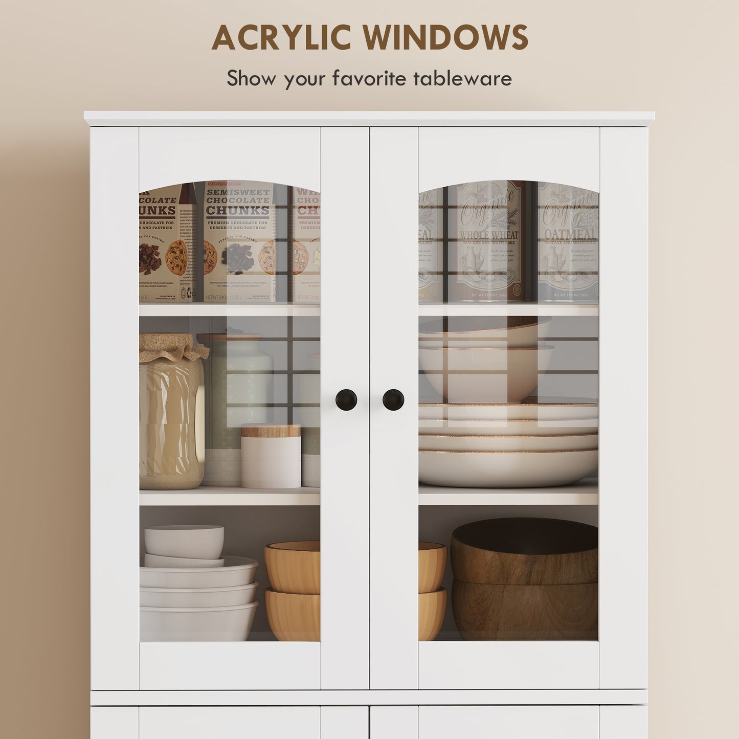 HOMCOM Kitchen Pantry Cabinet Soft‑Close Acrylic Doors, White, 64" Tall