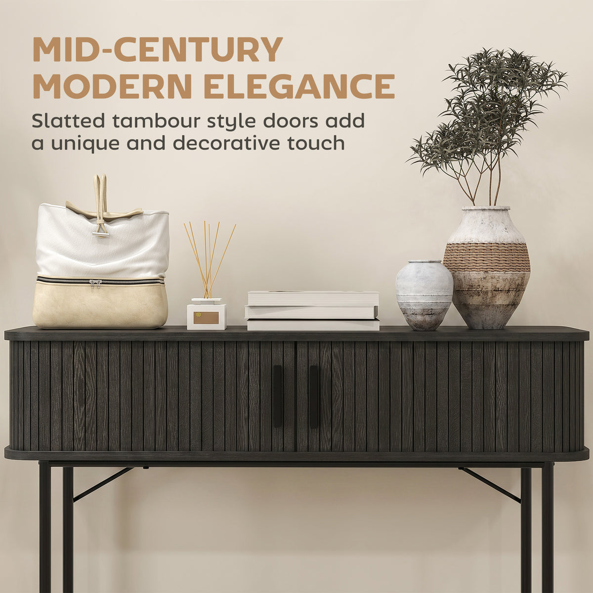 Mid-Century Entryway Console Table with Storage Compartments, Black
