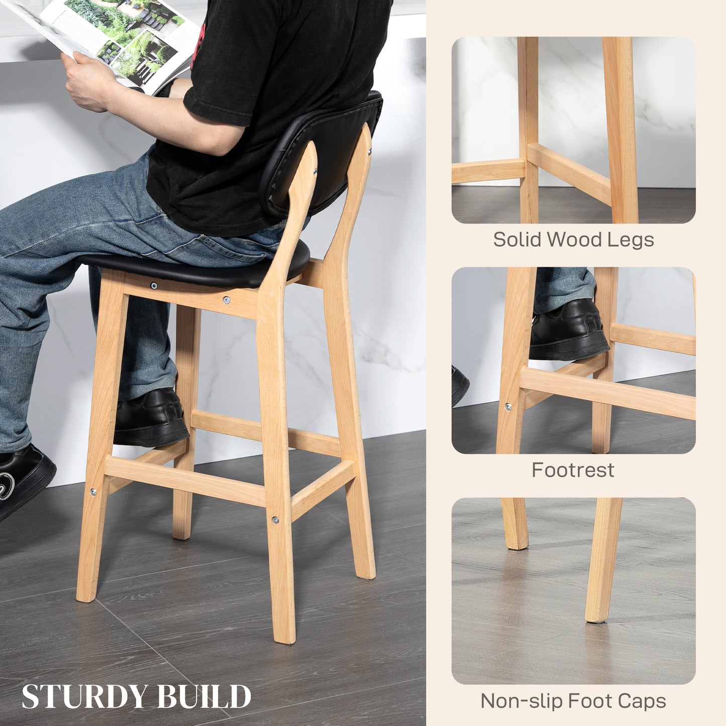 HOMCOM Set of 2 Black PU Leather Counter Height Bar Stools Solid Wood