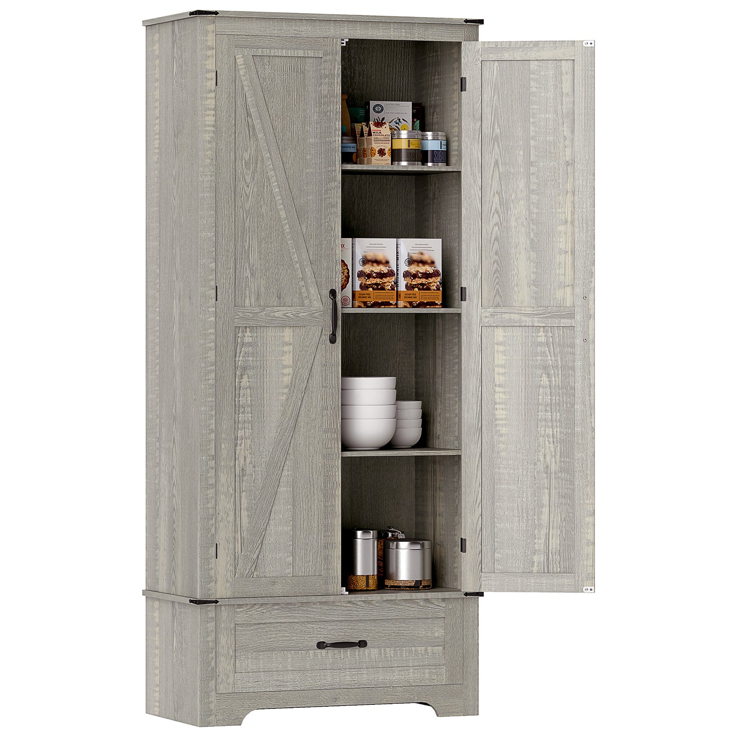 72" Farmhouse Pantry Cabinet with Adjustable Shelves, Brown