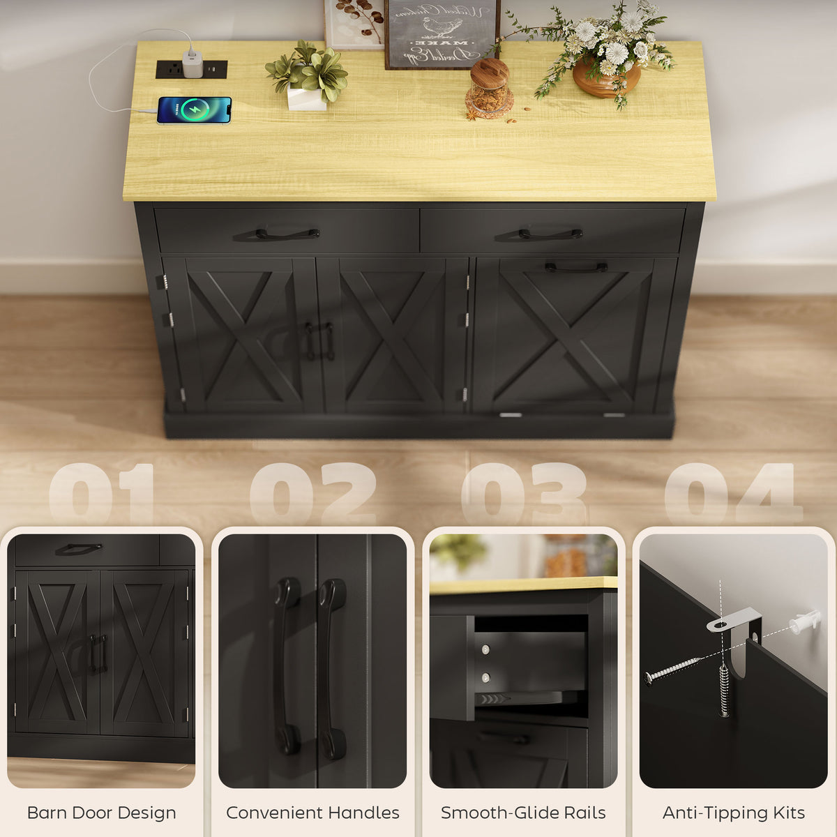 Kitchen Island with Charging Station – 44"W x 33"H