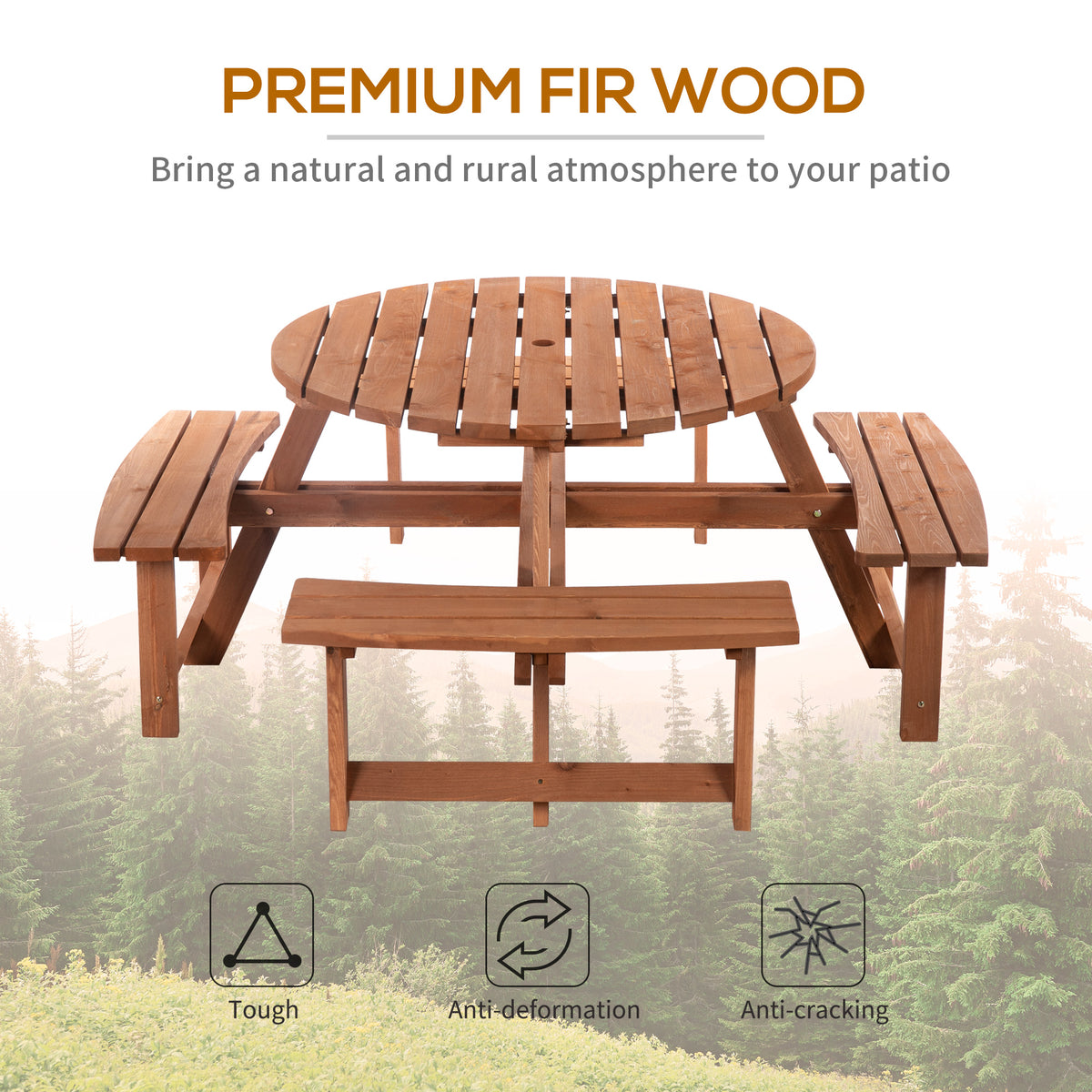 8 Seater Round Wooden Pub Bench & Picnic Table, Patio Dining Set for Outdoor Patio (Umbrella Not Included) – Brownish Red