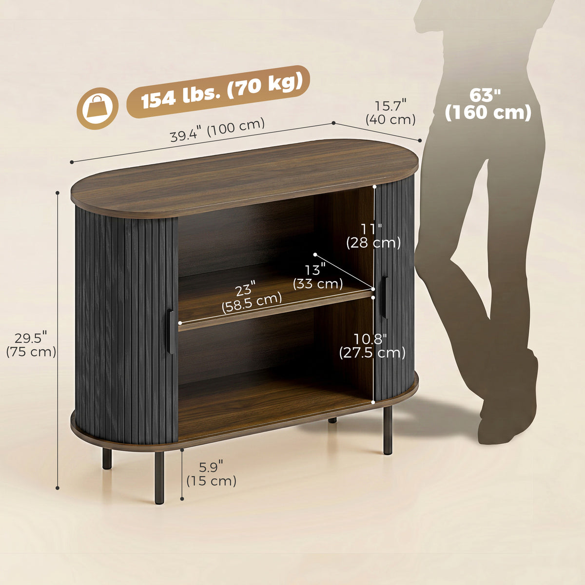 Sideboard Buffet Cabinet with Curved Tambour Doors and Storage – 39"W x 30"H