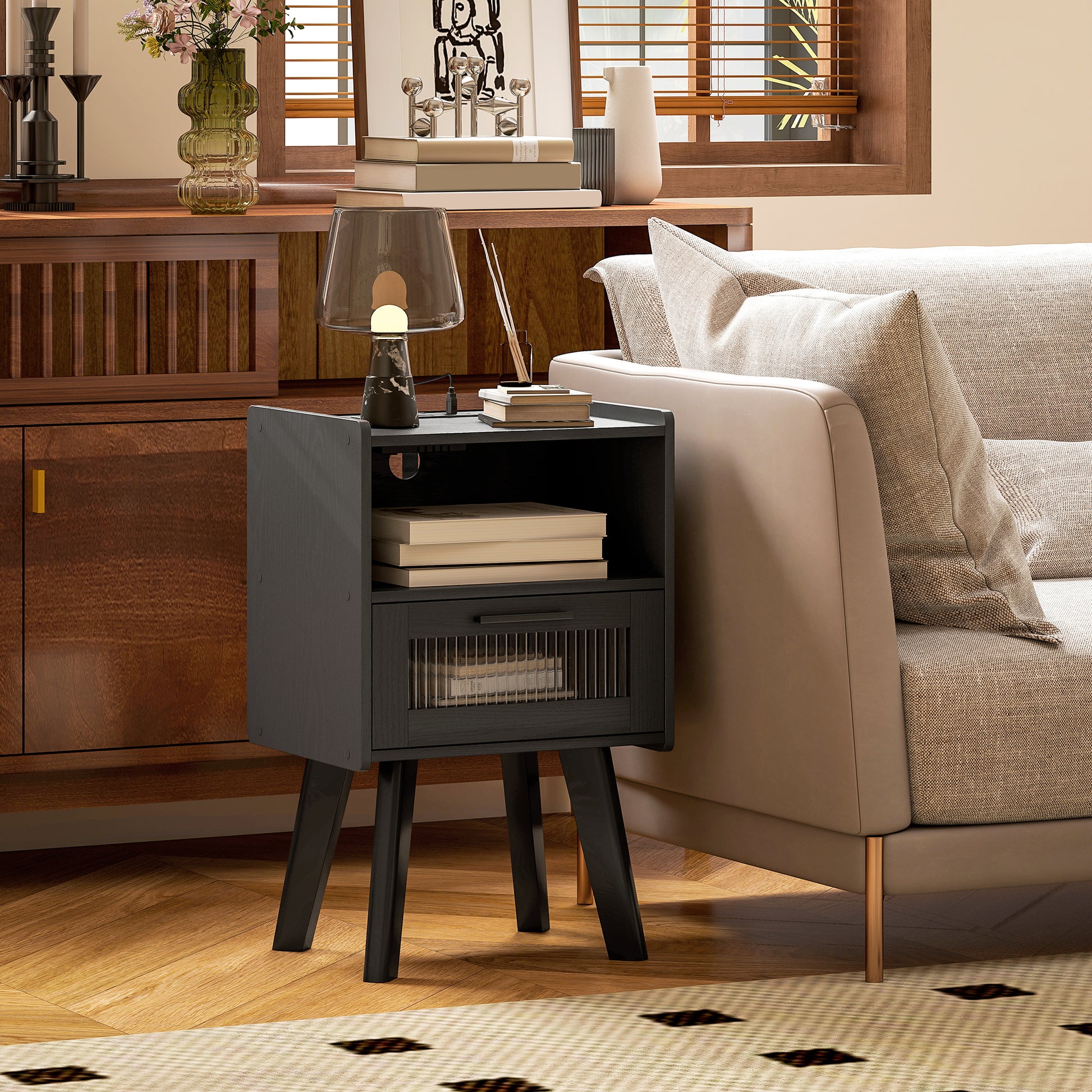 HOMCOM Modern Black Nightstands Set of 2 with Charging Station